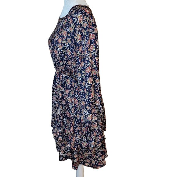 Vision Women’s Medium Navy Floral Boho Long Sleeve Dress Ruffle Hem Polyester - Picture 2 of 8